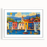 Framed wall art featuring a serene landscape village design, showcasing vibrant colors and intricate details, set in a sleek white frame with a mat, perfect for home decor.