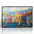 Framed acrylic wall art showcasing a serene village landscape with vibrant colors, set in a sleek black frame, ideal for home decor and enhancing interior aesthetics.