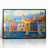 Framed acrylic wall art showcasing a serene village landscape with vibrant colors, set in a sleek black frame, ideal for home decor and enhancing interior aesthetics.