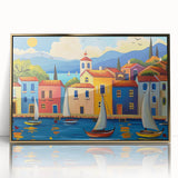 Framed acrylic wall art featuring a stunning landscape of a vibrant village scene, highlighted by gold accents and a modern design, perfect for home decor.