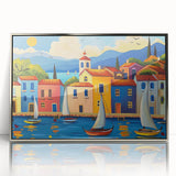 Framed acrylic wall art showcasing a serene village landscape with vibrant colors, silver frame enhancing the design, perfect for home decor and modern aesthetics.
