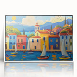 Framed acrylic wall art showcasing a serene landscape of a charming village, featuring vibrant colors and intricate details, perfect for home decor in a modern setting.