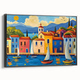 Framed wall art featuring a vibrant landscape village design with rich colors and intricate details, showcasing a black frame from a side view for a modern aesthetic.