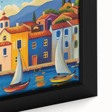 Framed canvas close-up of a vibrant landscape village design wall art collection, showcasing rich colors and intricate details, perfect for home decor.