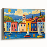 Framed canvas wall art featuring a scenic village landscape with vibrant colors and gold accents, designed to enhance home decor, showcasing intricate details and a stylish side view.