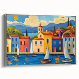 Framed canvas wall art featuring a serene village landscape with lush greenery and a tranquil river, accented by a sleek silver frame, ideal for home decor.