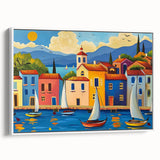 Framed canvas wall art showcasing a serene village landscape with lush greenery and a tranquil sky, designed to enhance modern home decor.