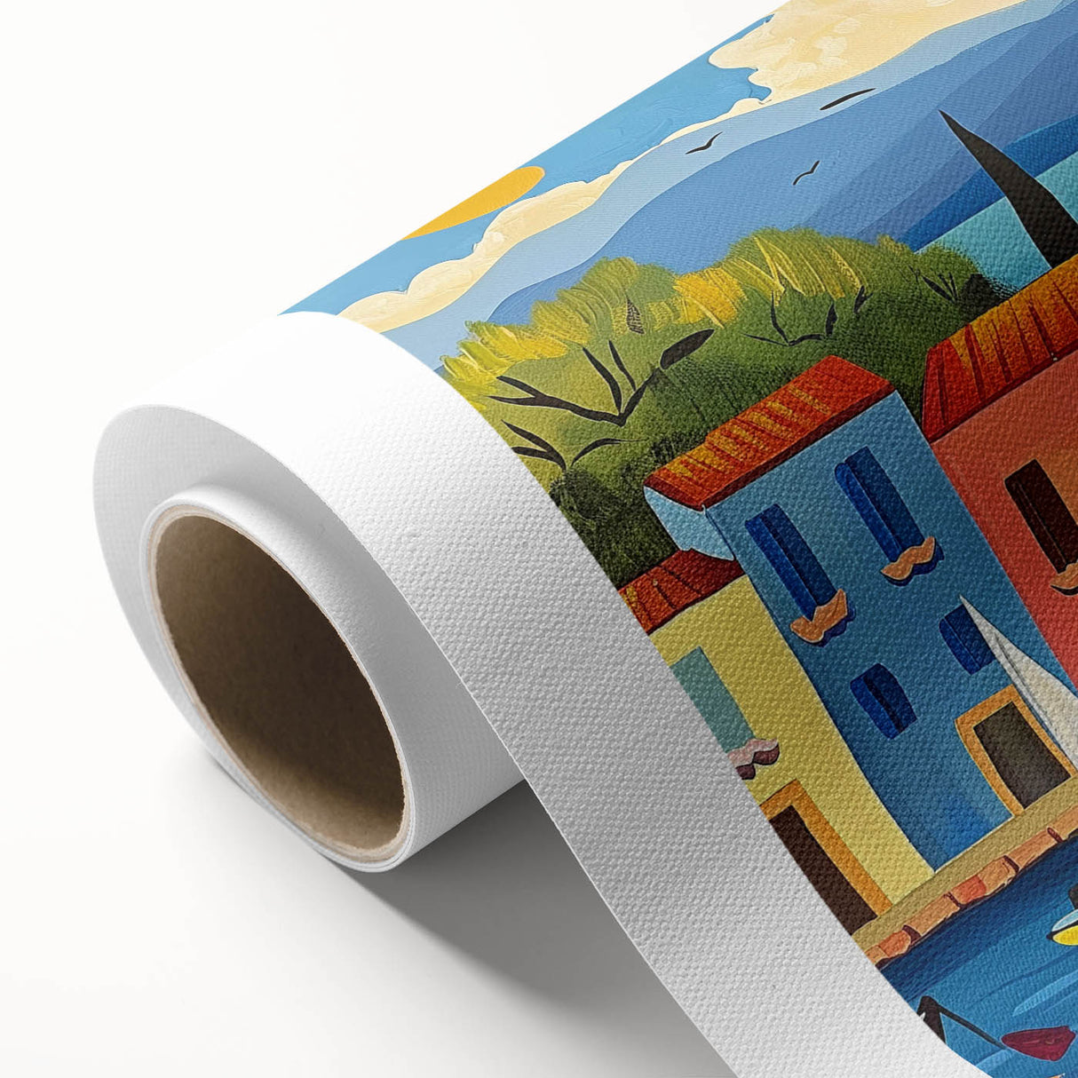 Rolled canvas artwork showcasing a vibrant village landscape design, featuring lush greenery, colorful houses, and a serene sky, ideal for home decor.