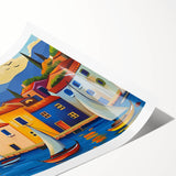 Rolled print showcasing a vibrant landscape village design, featuring lush greenery and quaint houses, perfect for enhancing home decor with artistic flair.