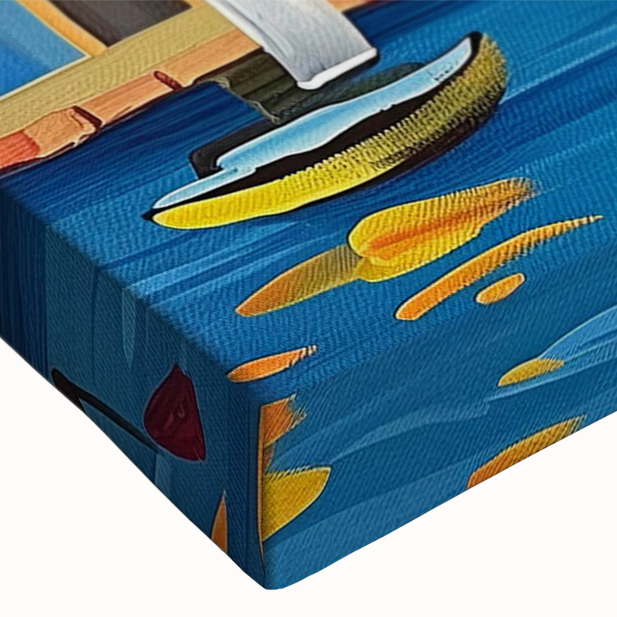 Close-up of a stretched canvas showcasing a vibrant village landscape design, featuring lush greenery and colorful homes, perfect for enhancing interior decor. This artwork adds a serene and inviting atmosphere to any space.