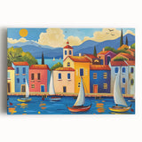Stretched canvas wall art featuring a serene village landscape design, showcasing vibrant colors and intricate details, perfect for home decor enhancement.