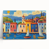 Stretched canvas artwork showcasing a serene village landscape with vibrant colors, leaning against a wall, perfect for home decor enthusiasts seeking tranquility.