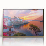 Framed acrylic wall art showcasing a vibrant landscape of a village, featuring golden accents and intricate details, enhancing modern decor aesthetics.