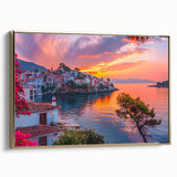 Framed canvas wall art showcasing a vibrant village landscape design with gold accents, ideal for home decor, adding warmth and elegance to any space.