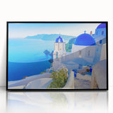 Framed acrylic wall art featuring a serene village landscape design, highlighting lush greenery and quaint houses, presented in a sleek black frame for modern decor.