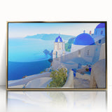 Framed acrylic wall art showcasing a serene village landscape in rich colors, featuring gold accents, perfect for enhancing home decor with a touch of elegance.