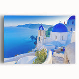 Stretched canvas artwork showcasing a vibrant landscape of charming villages under a bright blue sky, perfect for home decor. Ideal for those seeking unique wall art.