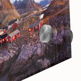 Close-up of a vibrant acrylic glass wall art piece depicting a serene village landscape, showcasing lush greenery and colorful houses, perfect for home decor.