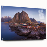 Acrylic wall art showcasing a vibrant landscape village design, featuring detailed imagery of houses and greenery, displayed in a modern side view with decorative pins.