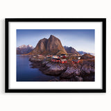 Framed wall art featuring a serene village landscape design with a black mat, showcasing vibrant colors and intricate details, perfect for home decor enhancement.