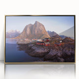 Framed acrylic wall art showcasing a vibrant landscape with a picturesque village, highlighted with gold accents, perfect for adding elegance to home decor.