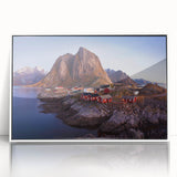 Framed acrylic wall art featuring a serene village landscape design in soft pastel colors, enhancing modern decor with a white frame, perfect for home aesthetics.