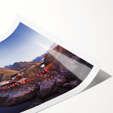 Rolled print showcasing a vibrant landscape village design, featuring lush greenery and a serene atmosphere, ideal for home decor and wall art collection.