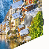 Close-up of a vibrant acrylic glass wall art piece depicting a serene village landscape, showcasing rich colors and intricate details, perfect for home decor.