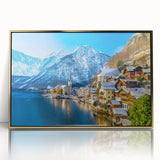 Framed wall art featuring a vibrant landscape village design with acrylic glass front and gold accents, perfect for adding elegance to home decor.