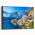 Framed wall art collection showcasing a scenic landscape village design, featuring vibrant colors and intricate details, viewed from the side with a sleek black frame.