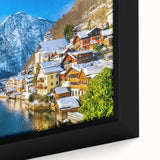 Close-up of a framed canvas wall art piece showcasing a vibrant landscape design with quaint villages, featuring rich colors and intricate details, perfect for home decor.