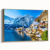 Framed canvas wall art showcasing a picturesque village landscape design with rich colors and a gold frame, ideal for enhancing home decor.