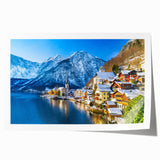 Vibrant rolled canvas print showcasing a serene village landscape with lush greenery and colorful houses, designed for wall art enthusiasts and home decor.