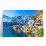 Stretched canvas wall art featuring a serene village landscape with vibrant colors, showcasing lush greenery and quaint houses, perfect for home decor.