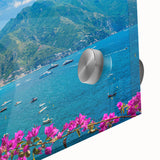 Close-up of a vibrant acrylic glass wall art piece showcasing a scenic village landscape with rich colors and intricate details, perfect for home decor enhancement.