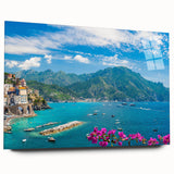 Acrylic wall art piece showcasing a vibrant landscape design with colorful villages, viewed from the side, highlighting the glossy finish and depth. Perfect for modern decor.