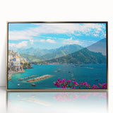 Framed acrylic wall art featuring a scenic village landscape design with gold accents, ideal for modern home decor. A captivating piece that enhances any room’s aesthetic.