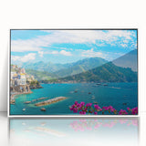 Framed acrylic wall art showcasing a serene village landscape design with vibrant colors, set against a white background, perfect for home decor.