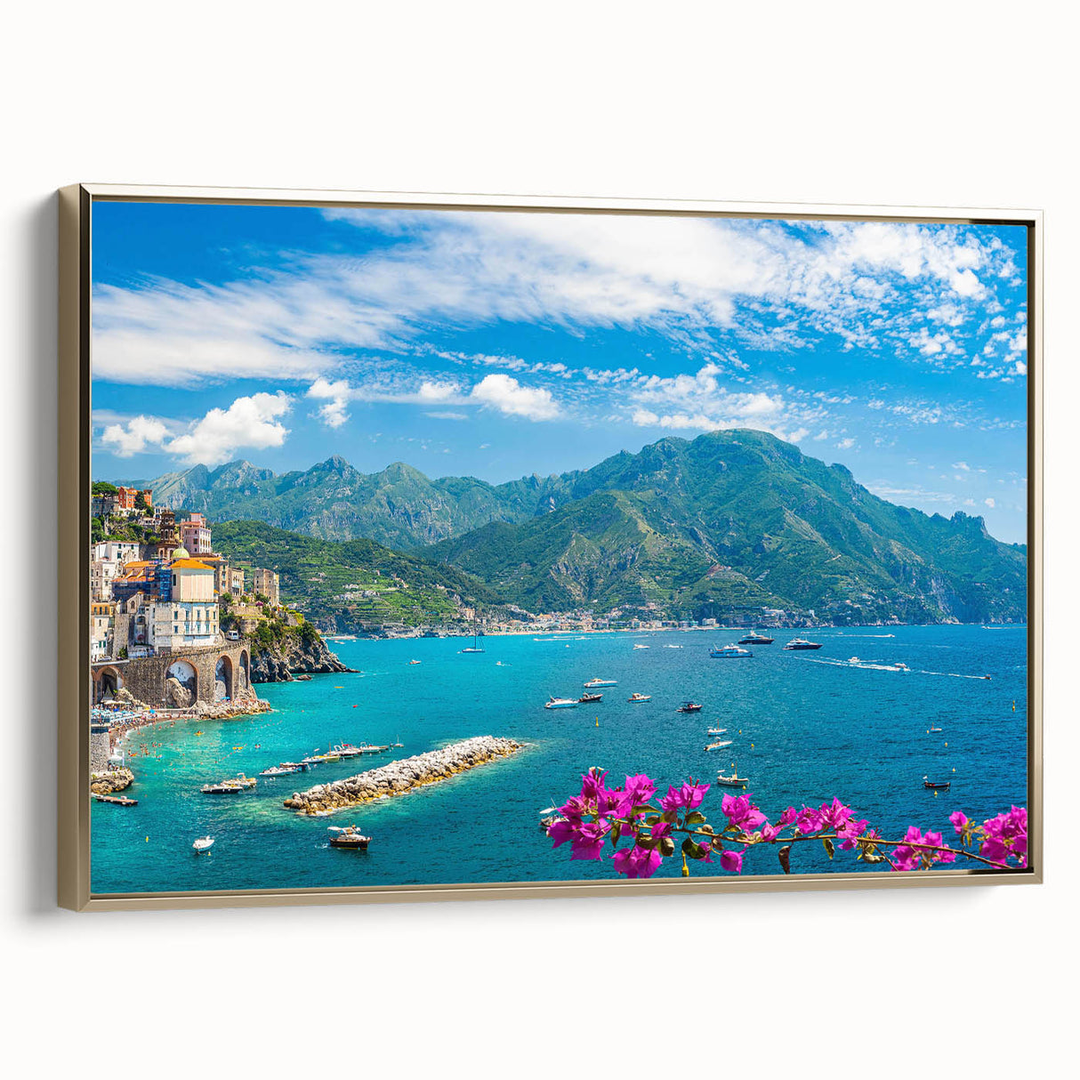 Framed canvas wall art showcasing a vibrant landscape with a picturesque village scene, highlighted by gold accents and elegant side view design, perfect for home decor.