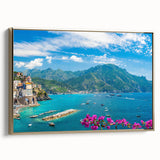 Framed canvas wall art showcasing a vibrant landscape with a picturesque village scene, highlighted by gold accents and elegant side view design, perfect for home decor.