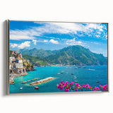 Framed canvas wall art showcasing a serene village landscape design with vibrant colors and intricate details, featuring a silver frame that adds elegance. Ideal for home decor, this artwork enhances any living space with its tranquil charm and artistic flair.