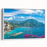 Framed canvas wall art showcasing a serene village landscape design, featuring soft pastel colors and intricate details, perfect for home decor.