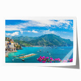 Rolled wall art print showcasing a vibrant landscape village design in warm hues, ideal for home decor. Perfect for adding a touch of elegance and character.