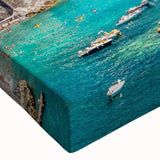 Close-up of a stretched canvas artwork depicting a vibrant landscape village scene, showcasing rich colors and intricate details, perfect for home decor enhancement.