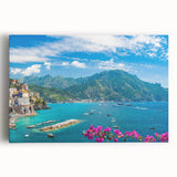 Stretched canvas artwork depicting a vibrant village landscape, featuring lush greenery and traditional homes, ideal for enhancing interior decor with a cultural touch.