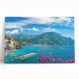 Stretched canvas wall art showcasing a serene village landscape design, featuring vibrant colors and intricate details, perfect for home decor.