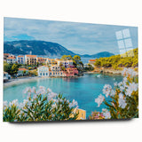 Side view of a contemporary wall art collection featuring landscapes and village designs, displayed in an elegant acrylic frame, showcasing vibrant colors and intricate details. Ideal for modern home decor, this artwork enhances any living space with its artistic charm.