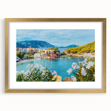 Elegant framed wall art featuring a scenic landscape design in soft pastel colors, accented with a gold mat, perfect for home decor and modern aesthetic.
