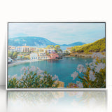 Framed acrylic wall art featuring a serene landscape village design, set against a white background, ideal for home decor in modern interiors.