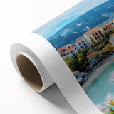 Rolled canvas showcasing a vibrant landscape village design featuring rich colors and intricate details, perfect for home decor or art enthusiasts.